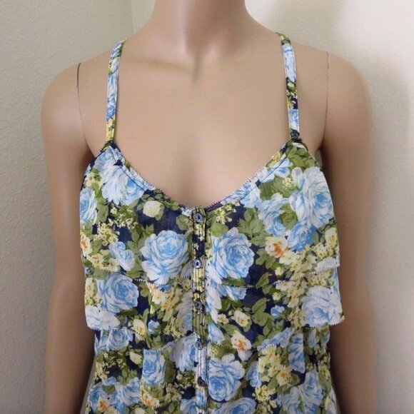 Abercrombie Womens Floral Ruffle Tank Top Size XS Shirt Blue & Green - Picture 2 of 7